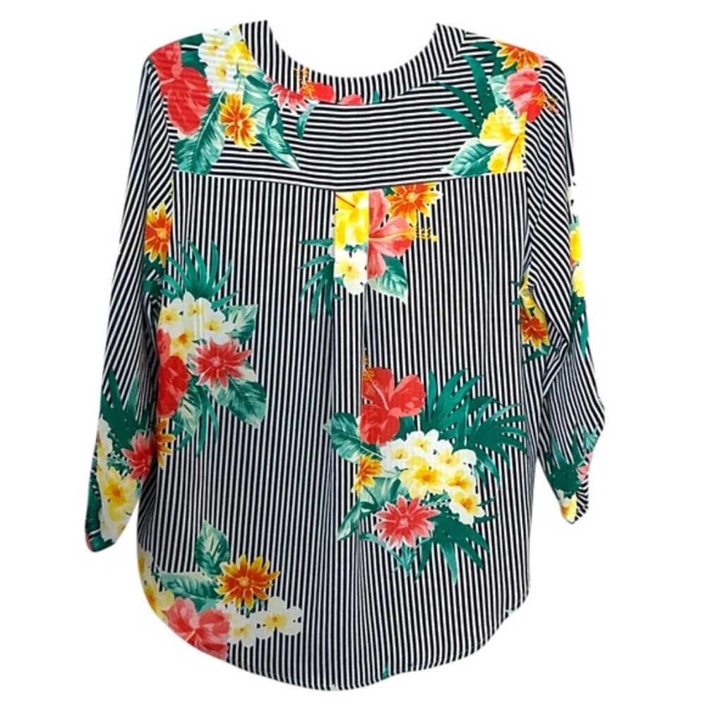 Ruby Rd Tie Up Top High Low 3/4 Sleeve Tropical Black White Stripe Petite Large - Picture 9 of 16